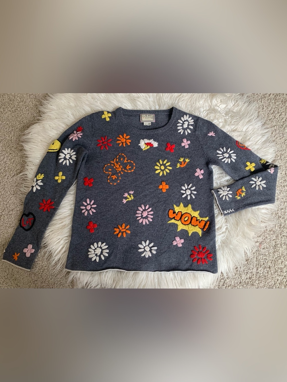 Charcoal Floral Appliqué Crewneck Sweater